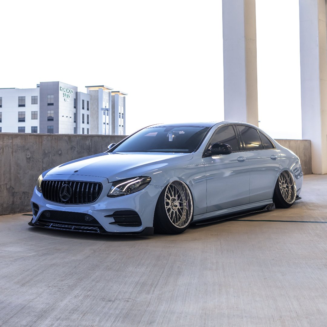 Stunning China Blue Vinyl Wrap on Front Shot of Mercedes E Class