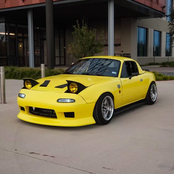 Bright Gloss Lemon Yellow Vinyl Wrap on Front Shot of Mazda Miata